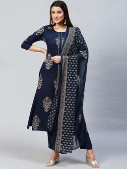 Gahan - Womens Navy Blue Floral Printed Kurti with Pant & Dupatta