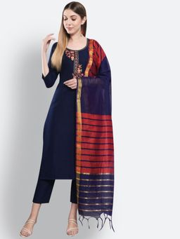 Gahan - Womens Navy Blue Floral Embroidered Kurta with Pant & Dupatta