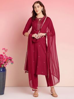 Gahan - Womens Maroon Viscose Rayon Straight Printed Kurta with Pant & Dupatta