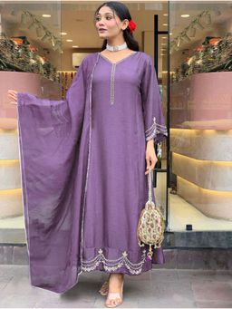 Gahan - Womens Purple Viscose Rayon Straight Anarkali Kurta with Pant & Dupatta