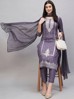 Gahan - Womens Purple Viscose Rayon Straight Embroidered Kurta with Pant & Dupatta