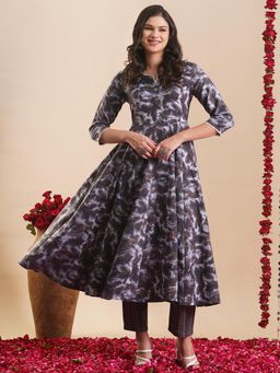 Gahan - Grey Abstract Printed V-Neck Anarkali Kurta with Pant