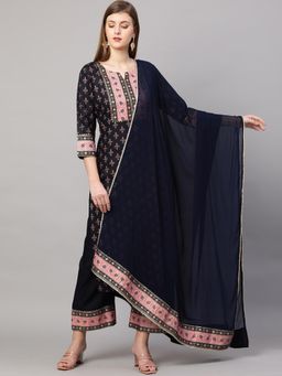 Gahan - Womens Navy Blue Ethnic Motifs Printed Kurta with Palazzo & Dupatta