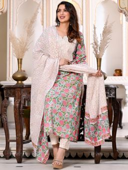 Gahan - Womens Green Viscose Rayon Straight Floral Printed Kurta with Pant & Dupatta