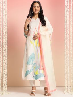 Gahan - Womens White Viscose Rayon Straight Printed Kurta with Pant & Dupatta