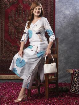 Gahan - Womens Grey Viscose Rayon Straight Printed Kurta with Pant