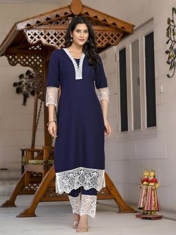 Gahan - Womens Navy Blue Viscose Rayon Straight Kurta with Pant
