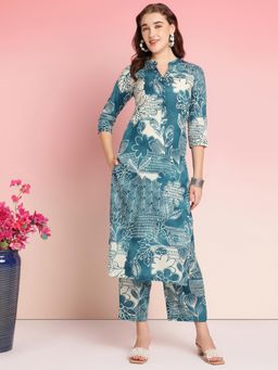 Gahan - Womens Floral Printed Mandarin Collar Straight Kurta with Palazzo