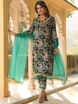 Gahan - Womens Multi-Color Printed Thread Work Kurta with Pant & Dupatta