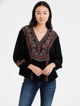 Gahan - Womens Black Viscose Rayon A-Line Embroidery Top