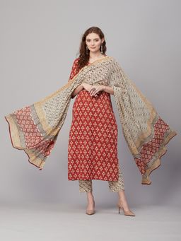 Gahan - Womens Rust Viscose Rayon Straight Printed Kurta with Pant & Dupatta