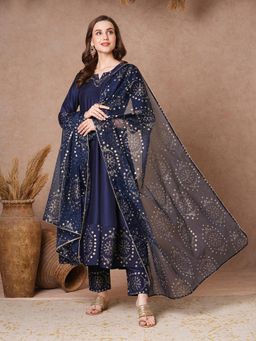 Gahan - Womens Navy Blue Viscose Rayon Printed Anarkali Kurta with Pant & Dupatta