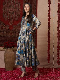 Gahan - Womens Blue Viscose Rayon Printed Anarkali Kurta with Pant