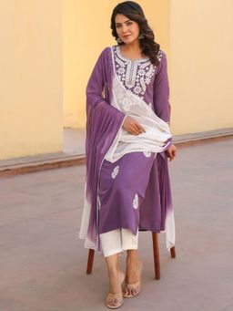 Gahan - Womens Purple Viscose Rayon Straight Embroidery Kurta with Pant & Dupatta