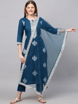 Gahan - Womens Teal Viscose Rayon Straight Embroidery Kurta with Pant & Dupatta