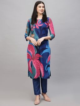 Gahan - Womens Blue Viscose Rayon Straight Printed Kurta with Pant