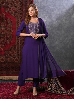 Gahan - Womens Purple Viscose Rayon Straight Embroidery Kurta with Pant & Dupatta