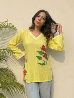 Gahan - Womens Green Printed V-Neck Flared Sleeves Kurti