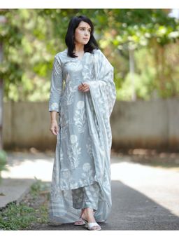 Gahan - Womens Grey Rayon Blend Printed Straight Kurta with Pant & Dupatta