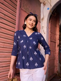 Yufta - Navy Blue Gathered Or Pleated A-Line Regular Top