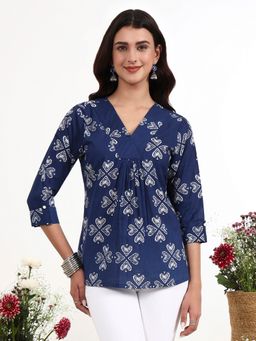 Yufta - Navy Blue Ethnic Motifs Cotton Flare Top