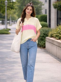 Maaesa - Women Hand Tie and Dye Casual Rayon Regular Fit Yellow Top