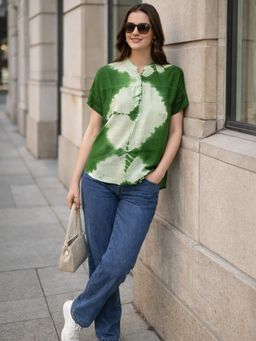 Maaesa - Women Hand Tie and Dye Casual Rayon Regular Fit Green Top