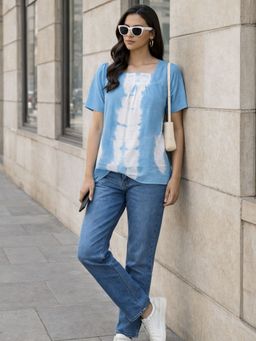 Maaesa - Women Hand Tie and Dye Casual Rayon Regular Fit Blue Top