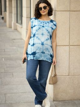 Maaesa - Women Hand Tie and Dye Casual Rayon Regular Fit Indigo Top