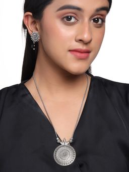 VIRAASI - Silver Oxidised Round Pendant with Drop Earrings (Set of 2)