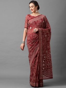 Akhilam - Maroon Casual Brasso Floral Print Saree with Unstitched