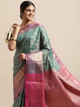 Vastranand - Green & Gold-Toned Woven Design Zari Silk Blend Kanjeevaram Saree with Unstitched Blouse