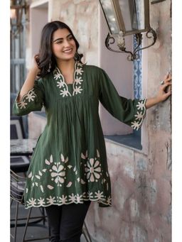 FREYAA - Dark Green Bloom Cotton Neck Printed Tunic