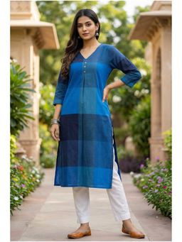 FREYAA - Blue Patterned Cotton Work Long Kurta