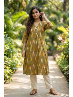 FREYAA - Greenish Yellow Multicolor Patterned Long Kurta