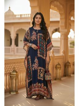 FREYAA - Long Navy Blue Digital Print Kaftan Dress
