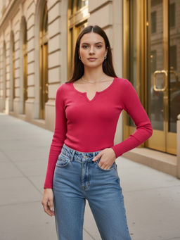 ZUMMER - Magenta Cotton Blend Full Sleeves Round Neck Solid Top