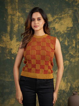 ZUMMER - Multi-Color Cotton Sleeveless Round Neck Self Design Sweater