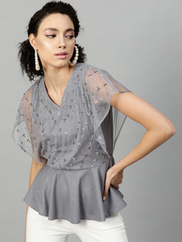STREET 9 - Grey Net Flared Sleeves V-Neck Embellished Top