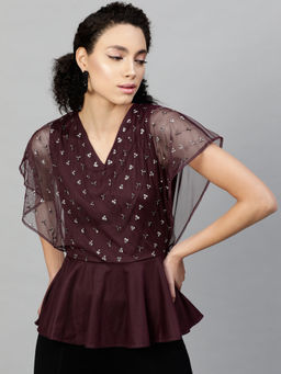STREET 9 - Burgundy Net Flared Sleeves V-Neck Embellished Top