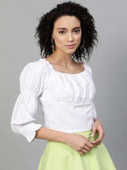 STREET 9 - White Cotton Three Fourth Sleeves Square Neck Solid Top