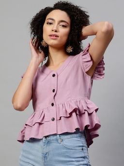 STREET 9 - Lavender Cotton Cap V-Neck Solid Top