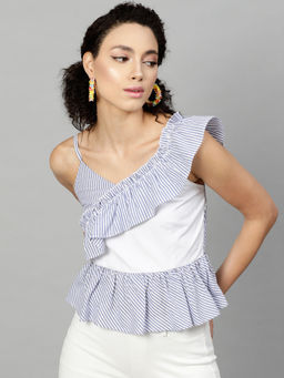 STREET 9 - Blue Cotton Cap Shoulder Straps Stripes Top