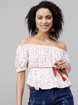STREET 9 - White Rayon Half Sleeves Off Shoulder Printed Top