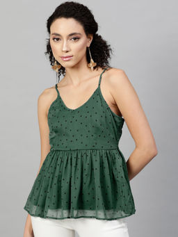 STREET 9 - Green Chiffon Sleeveless Shoulder Straps Polka Dots Top