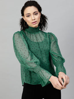 STREET 9 - Green Chiffon Full Sleeves High Neck Polka Dots Top