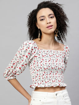 STREET 9 - Red Crepe Half Sleeves Square Neck Floral Crop Top