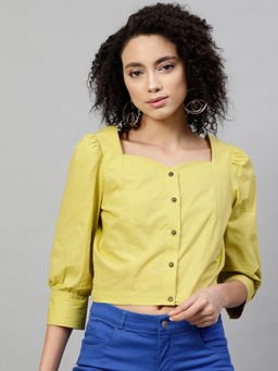 STREET 9 - Yellow Cotton Three Fourth Sleeves Square Neck Solid Crop Top