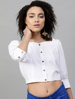 STREET 9 - White Cotton Three Fourth Sleeves Square Neck Solid Crop Top