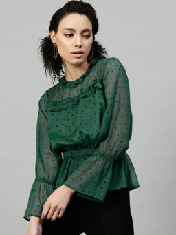 STREET 9 - Green Chiffon Full Sleeves Round Neck Polka Dots Top